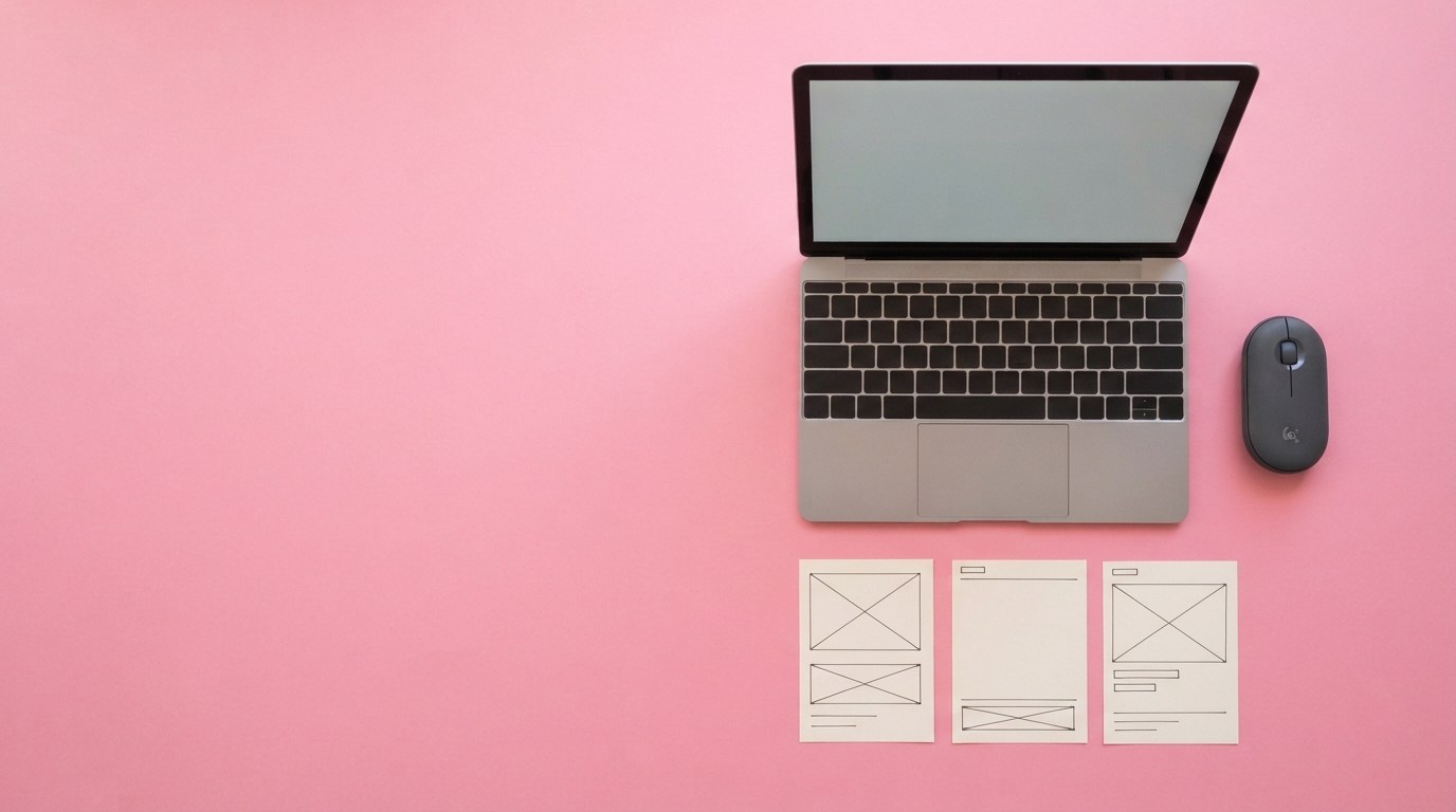Ordinateur et maquettes papier d'une landing page