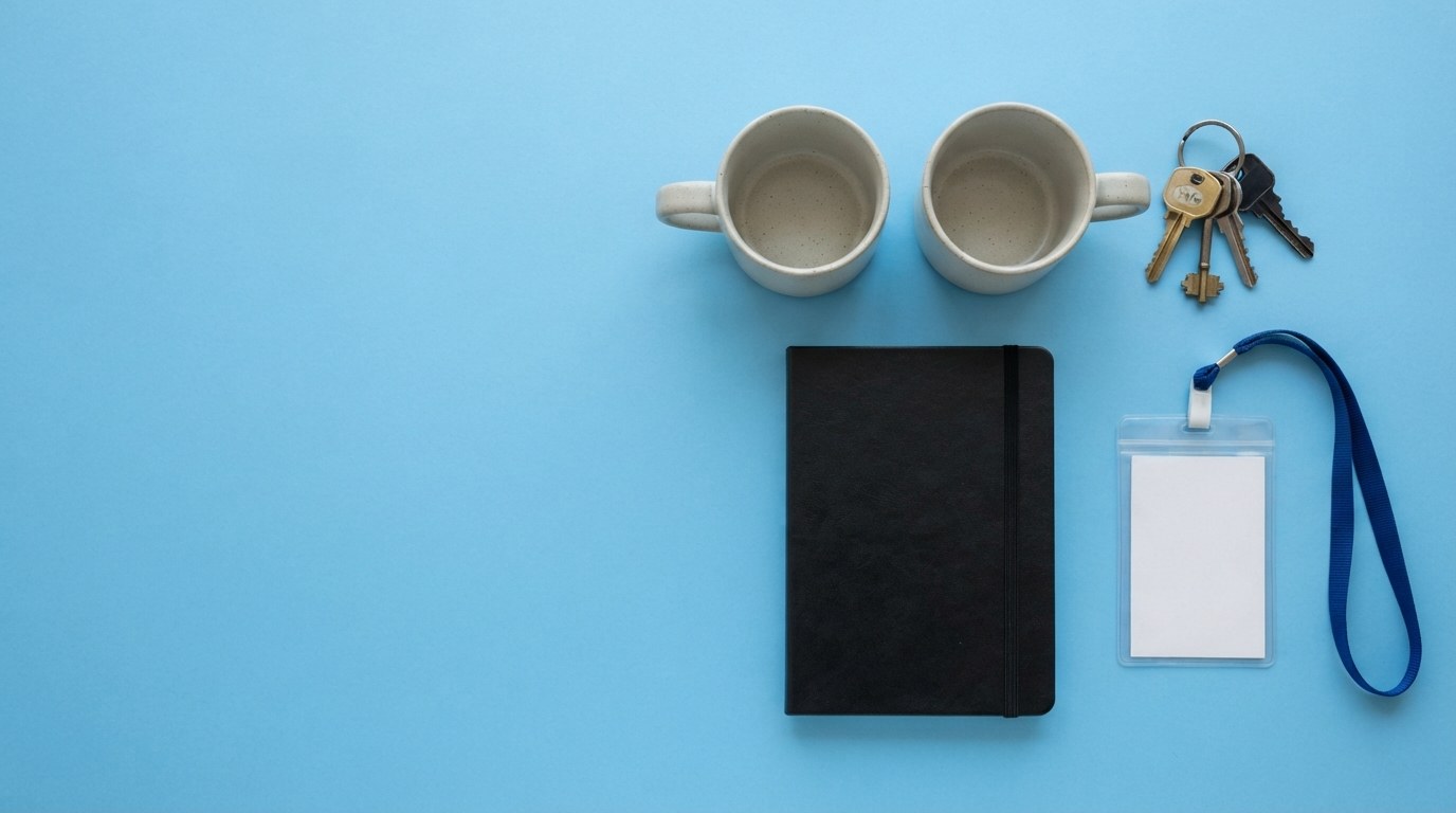 Mugs, clés et badge pour un premier salarié
